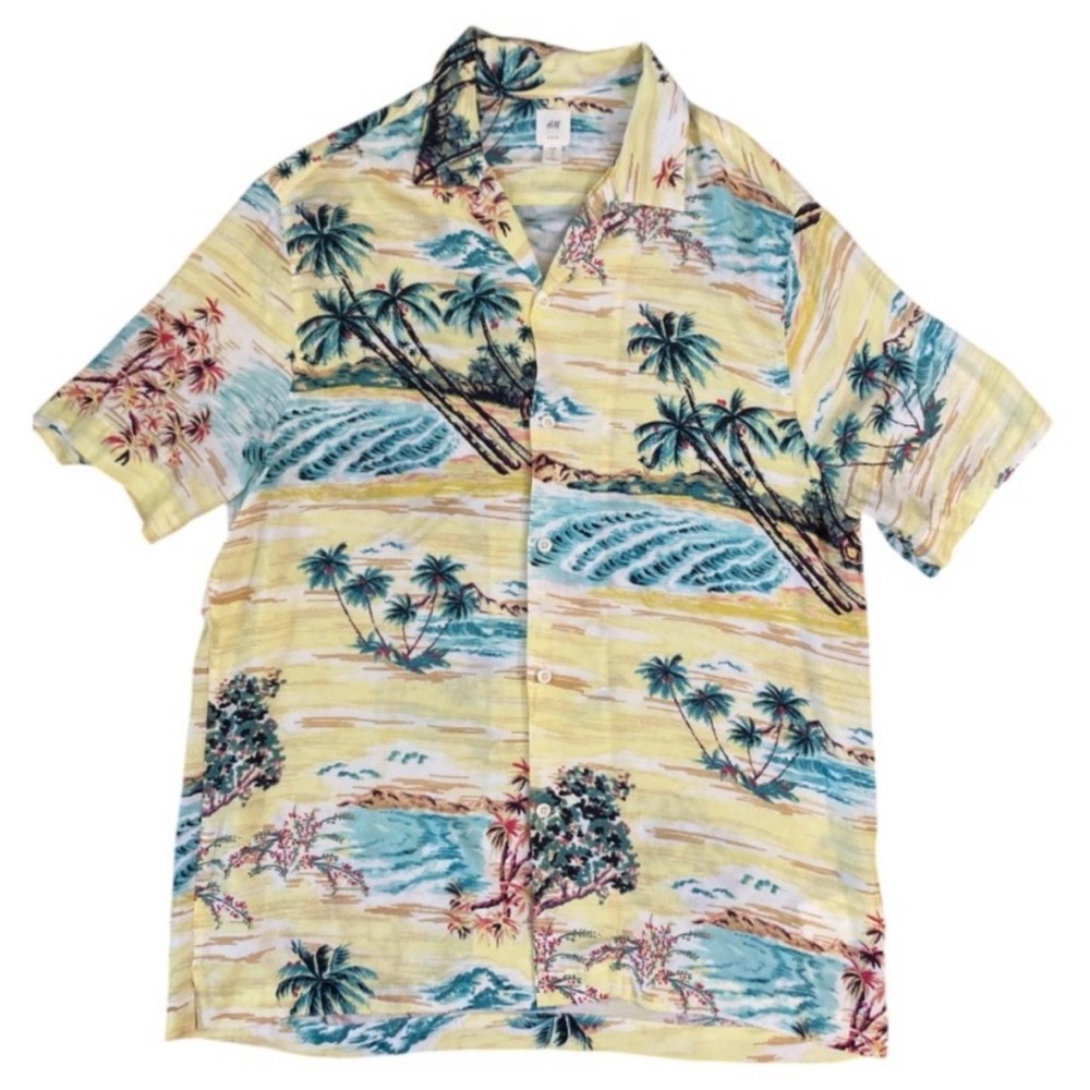 H&M Yellow and Blue Casual Button Down Shirt with Tropical Print